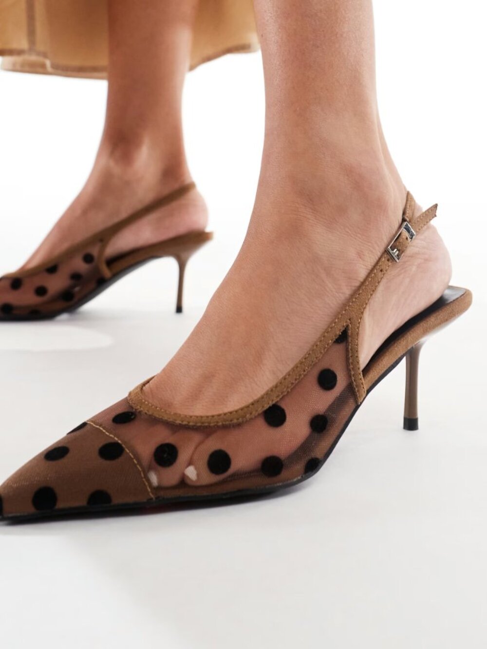 Glamorous slingback pumps in mesh brown polkadot